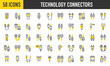 © Picvault - 50 Technology connectors icons. Such as Optical Fiber, USB Connector, Jack Connector, RJ11, Ethernet, USB Plug, Power Cable, LAN, Optical Fiber, Power Cord, Extension vector stroke illustration.
