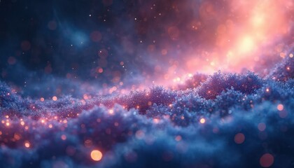 Wall Mural - Abstract cosmic background features glittering particles, bokeh lights against dark blue, pink nebula. Shimmering dust forms textured clouds, creating stellar, mystical, ethereal atmosphere suitable