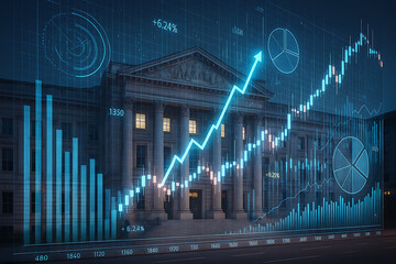 Wall Mural - financial data government building. a futuristic financial graph overlays a grand building, showcasi