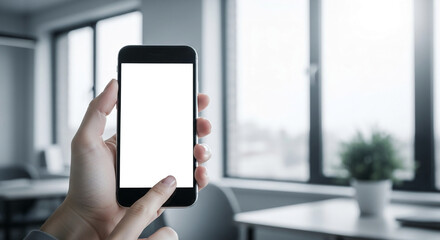 Wall Mural - hand holding smartphone with blank screen, modern office background, showcasing app mockup, ideal fo