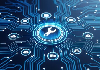 digital circuit board with central wrench icon surrounded by technology service icons representing i