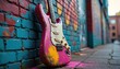 © Vadym - Vibrant electric guitar with paint splatters rests against a colorful graffiti brick wall. The instrument embodies rock music raw energy, rebellious spirit, and creative expression.
