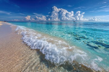 Wall Mural - Turquoise ocean waves softly crash onto a sandy tropical beach shore. Perfect for travel brochures, summer advertising, or vacation blogs.
