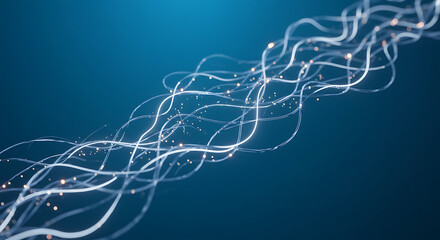 Dynamic Abstract Digital Network Connection Lines with Glowing Particles Representing Data Flow and Technology Infrastructure on a Dark Blue Background