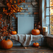 © Sofia - Pumpkins on sill with blank paper.