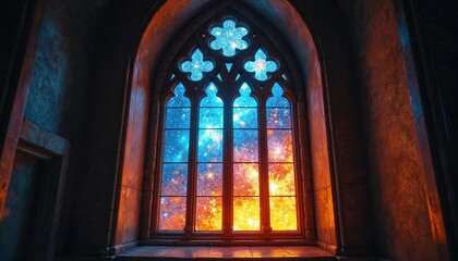 Wall Mural - Intricate stained-glass window featuring cosmic universe with stars. Arched architecture frames colourful, vibrant glass. Light illuminates mystical, magical, dreamy scene with patterns of ancient