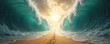 © Vadym - Illustration shows parting of sea waves allowing safe passage on sandy beach. Concept of biblical miracle, escape, freedom, religious faith, divine intervention, divine guidance, spiritual journey.