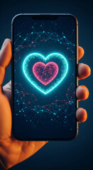 Wall Mural - smartphone displaying glowing heart graphic, network connections, symbolizing digital love, valentin