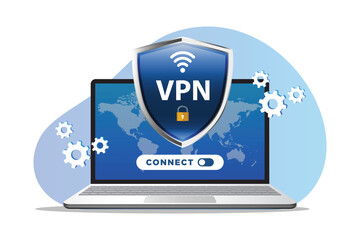 VPN Network Connection with Global Map and Toggle Button. Anonymous Browsing, Cybersecurity, and Data Privacy Flat Vector Illustration