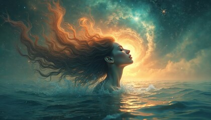 Wall Mural - Woman emerges from cosmic ocean waves at sunset. Long hair flows with celestial clouds, stars, galaxies. Evokes serene, spiritual, magical feelings. Digital art with teal, orange, gold colors,