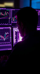 Wall Mural - silhouette of person viewing financial charts on multiple computer screens, illuminated by purple li