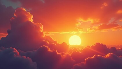 Wall Mural - fiery orange sunset, fluffy clouds drift across the sky , vibrant, gradation, calm
