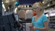 © Robert Peak - A mature woman stands at the self checkout terminal in a hardware store, using her smartphone while preparing to pay for her items with a credit card.