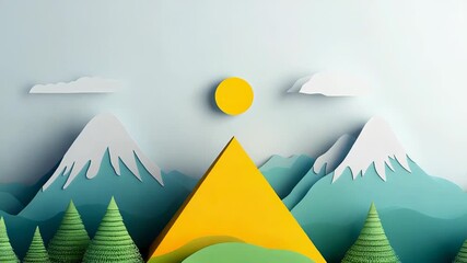 Wall Mural - colorful paper mountains and pine trees basking in sunlight