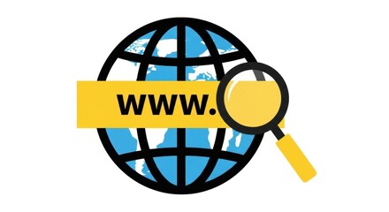 Wall Mural - Www internet search concept with a magnifying glass over a globe, symbolizing online exploration and information discovery