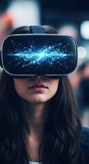 Wall Mural - woman wearing virtual reality headset, showcasing blue glowing network displayed within the visor, r