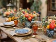 © Jittiwat - Elegant rustic table setting with floral arrangements and vintage glassware.