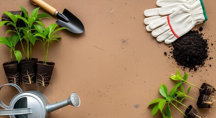Hobby gardening background with essential tools like a trowel, gloves, watering can, and fresh seedlings ready for planting. Top view with copy space.