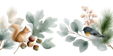 Bird is perched on a branch with leaves and acorns