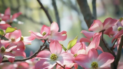 Wall Mural - pink dogwood flowers blooming in spring sunlight