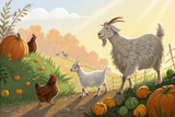 Goats and chickens on a farm with pumpkins gourds