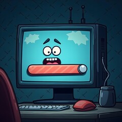 Cartoon screen with tired expression displaying a loading bar, humorous tech clipart concept