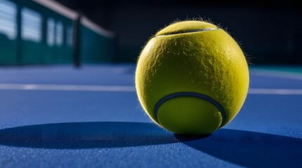 Close-up of a tennis ball on a blue court, net blurred in the background