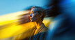 © Parisa - Focused professional woman with short hair framed by fast blue-yellow light trails in office scene