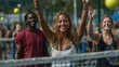 © yay - Joyful friends celebrate after a spirited paddleball match