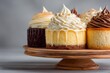 © ChaoticMind - Assorted mini cheesecakes displayed on a wooden stand with various toppings and flavors