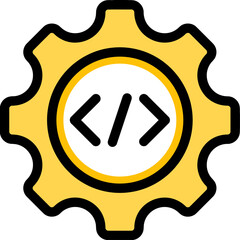 a yellow gear icon with coding symbols inside, representing software development and technology.