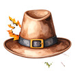 © The Masterplan Std. - Vintage-style brown pilgrim hat with a black leather band, gold buckle, and colorful autumn leaves.