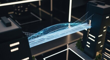 Wall Mural - Miniature city model with a blue digital data bridge connecting skyscrapers representing futuristic urban technology.
