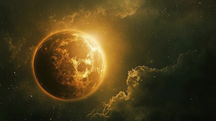 Wall Mural - bright golden planet shining in the dark universe with nebulae and stars