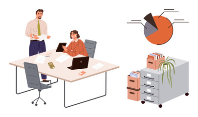 Wall Mural - two colleagues working at a desk with laptops, papers, and a pie chart. office storage cabinet with 