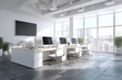 © ChaoticMind - Modern office workspace featuring large windows and stylish furniture design in a cityscape