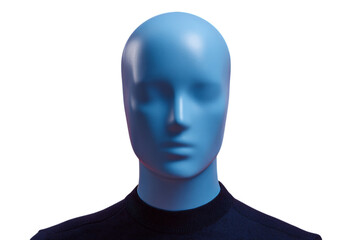 Photo of close up studio shot of a blue mannequin head and shoulders against a transparent background for fashion display