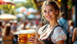 © abu - Smiling German woman in dirndl serves beer at lively Oktoberfest.