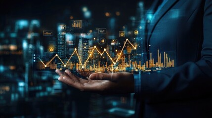 Wall Mural - close-up of business professional's hand holding glowing holographic financial chart with upward tre