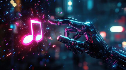 Wall Mural - close-up of robotic hands holding a glowing music note, intense neon blue and magenta sparks, action