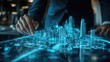 © Veayo - executive planning business expansion using a 3D holographic model of a smart city, futuristic innovation-driven environment