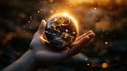 Wall Mural - the earth in the palm of a hand. glowing light. hopeful. bright. ultra cinematic