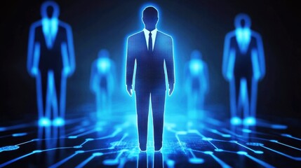 Wall Mural - futuristic digital businessman surrounded by stylized silhouettes in a high-tech virtual environment