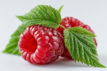 Wall Mural - Fresh raspberries with green leaves displaying vibrant colors and natural textures