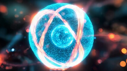 Wall Mural - electrons spinning around atom nucleus generating energy in physics lab