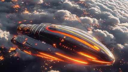 Wall Mural - futuristic spaceship flying above a planet covered in clouds and lava