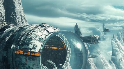 Wall Mural - futuristic spaceship hovering near icy mountains in cloudy sky
