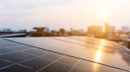Drone Aerial of Solar Panel Array Under Blue Sky with Morning Light and Soft Urban Silhouette for Green Energy Concept