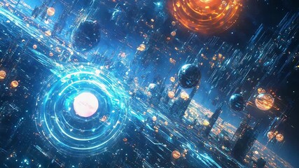 Wall Mural - futuristic metropolis expanding in outer space with glowing spheres