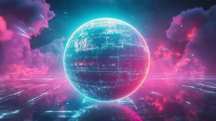 Sticker - glowing digital sphere hovering over futuristic neon landscape